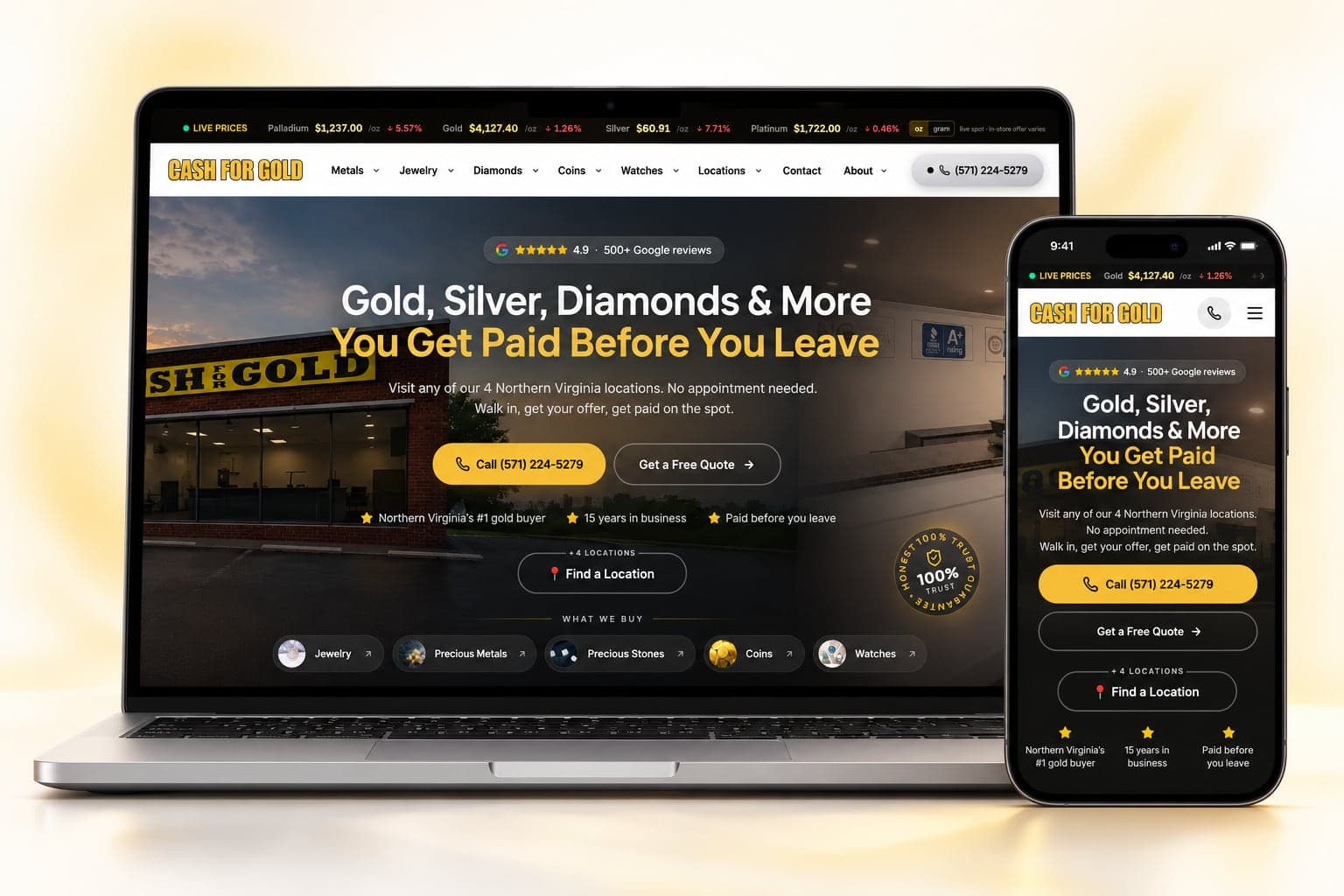 Cash for Golds webbplats på en bärbar dator och en mobiltelefon
