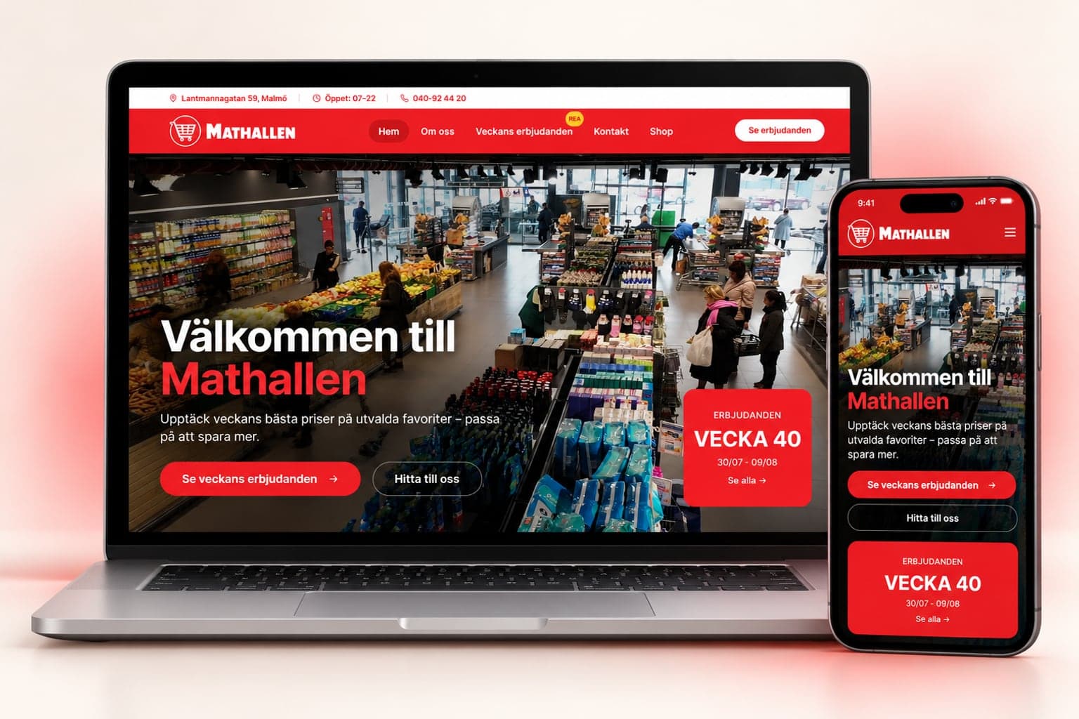 Mathallens webbplats på en bärbar dator och en mobiltelefon