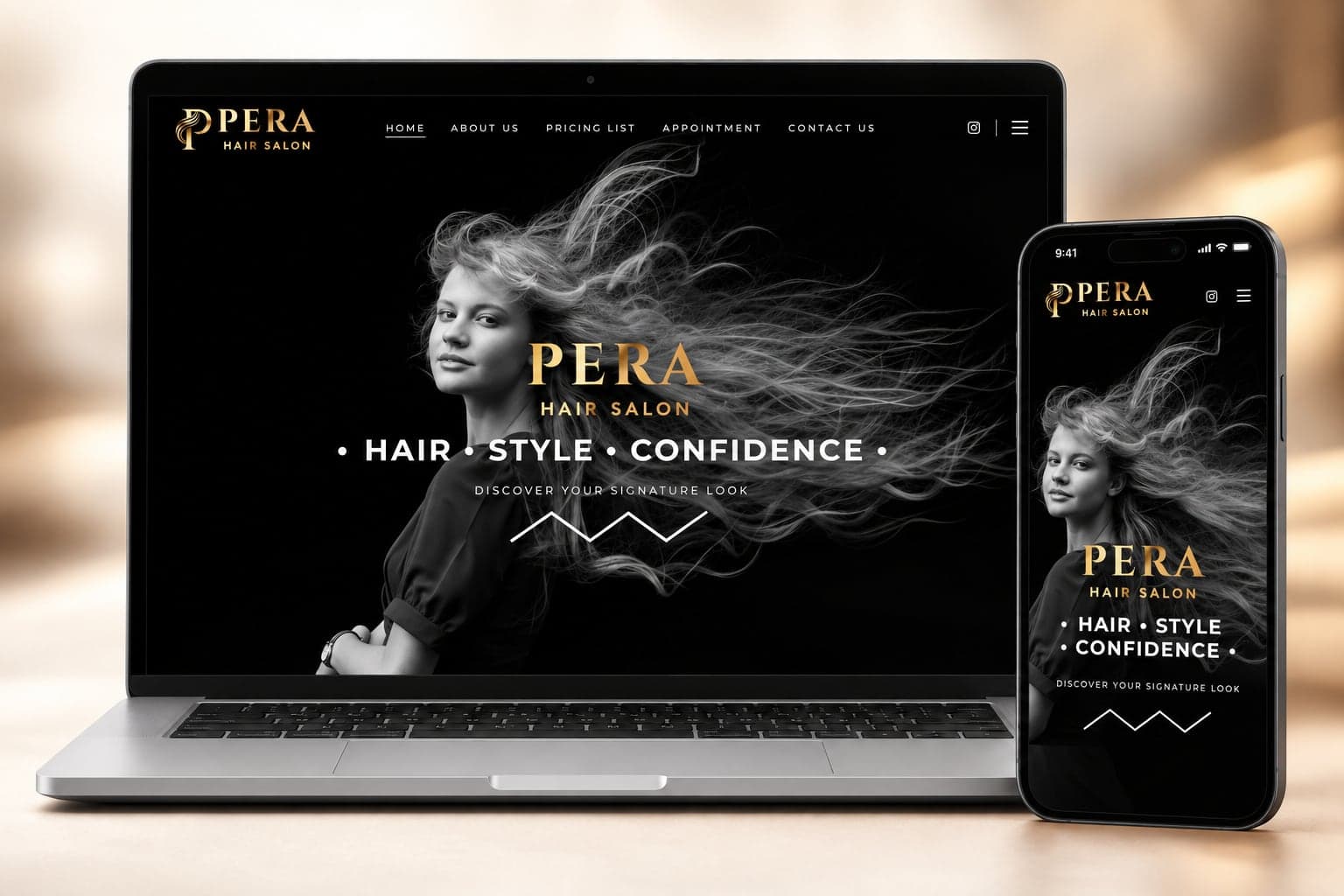 Pera Hair Salons webbplats på en bärbar dator och en mobiltelefon