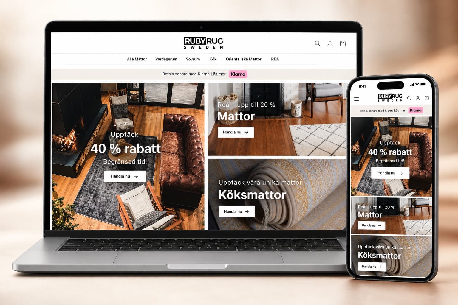 Ruby Rugs webbutik på en bärbar dator och en mobiltelefon