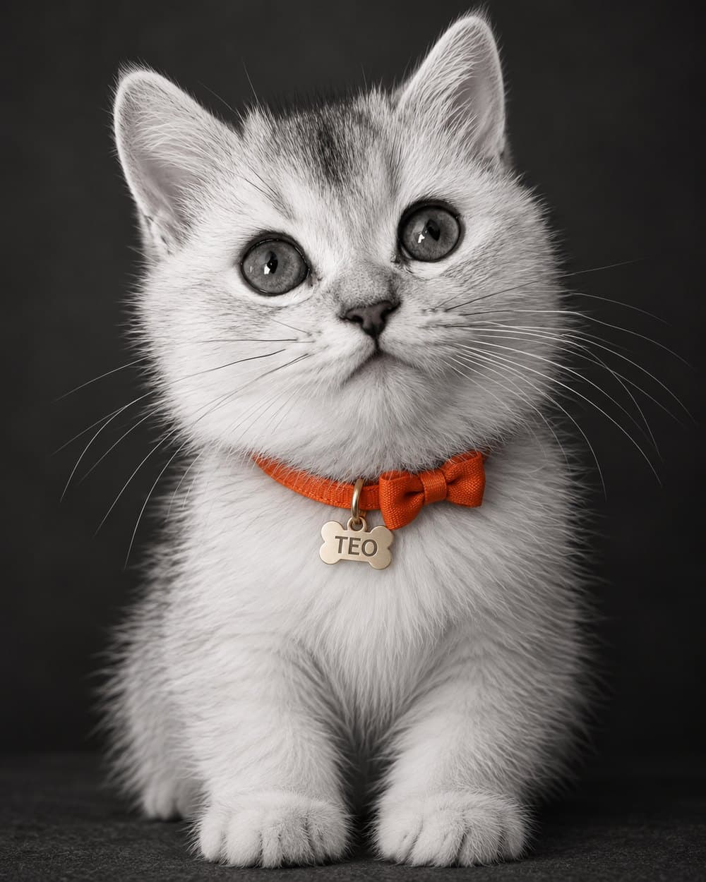 Teo, a silver kitten wearing an orange bow tie